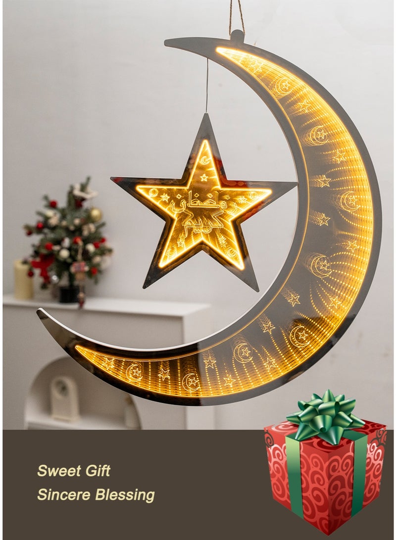 XIANYE Ramadan Large Crescent Moon Hanging LED Light, 19 Inches Mosque Eid Mubarak Window Light Plug Powered Warm White Crafts Light with Star Ornament, Big Shining Decoration LED Fairy Light for Home Party, Muslims, Islamic Festive Gift - Image 5
